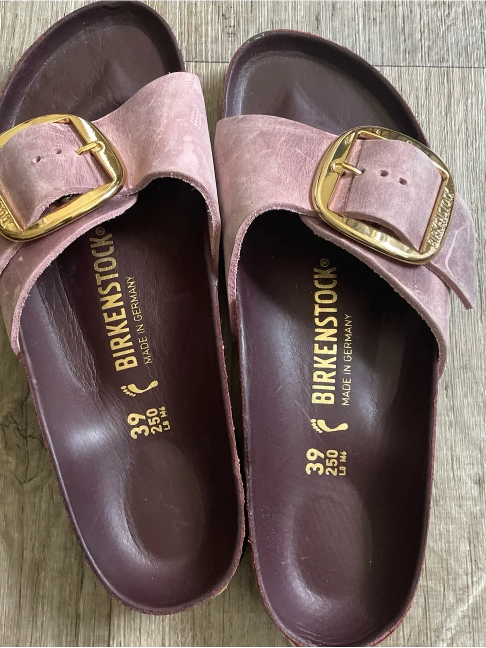 Birkenstock Madrid Soft Pink Suede Slide Sandals with Gold Buckles